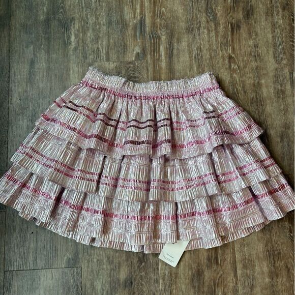 Love Shack Fancy Brynlee metallic tiered mini skirt Caribbean pink ruffles - Picture 6 of 15